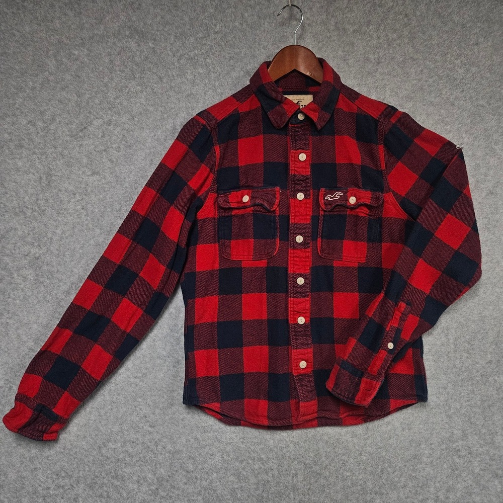Hollister Shirt Mens L Red Buffalo Check Flannel Long Sleeve Button Up Logo